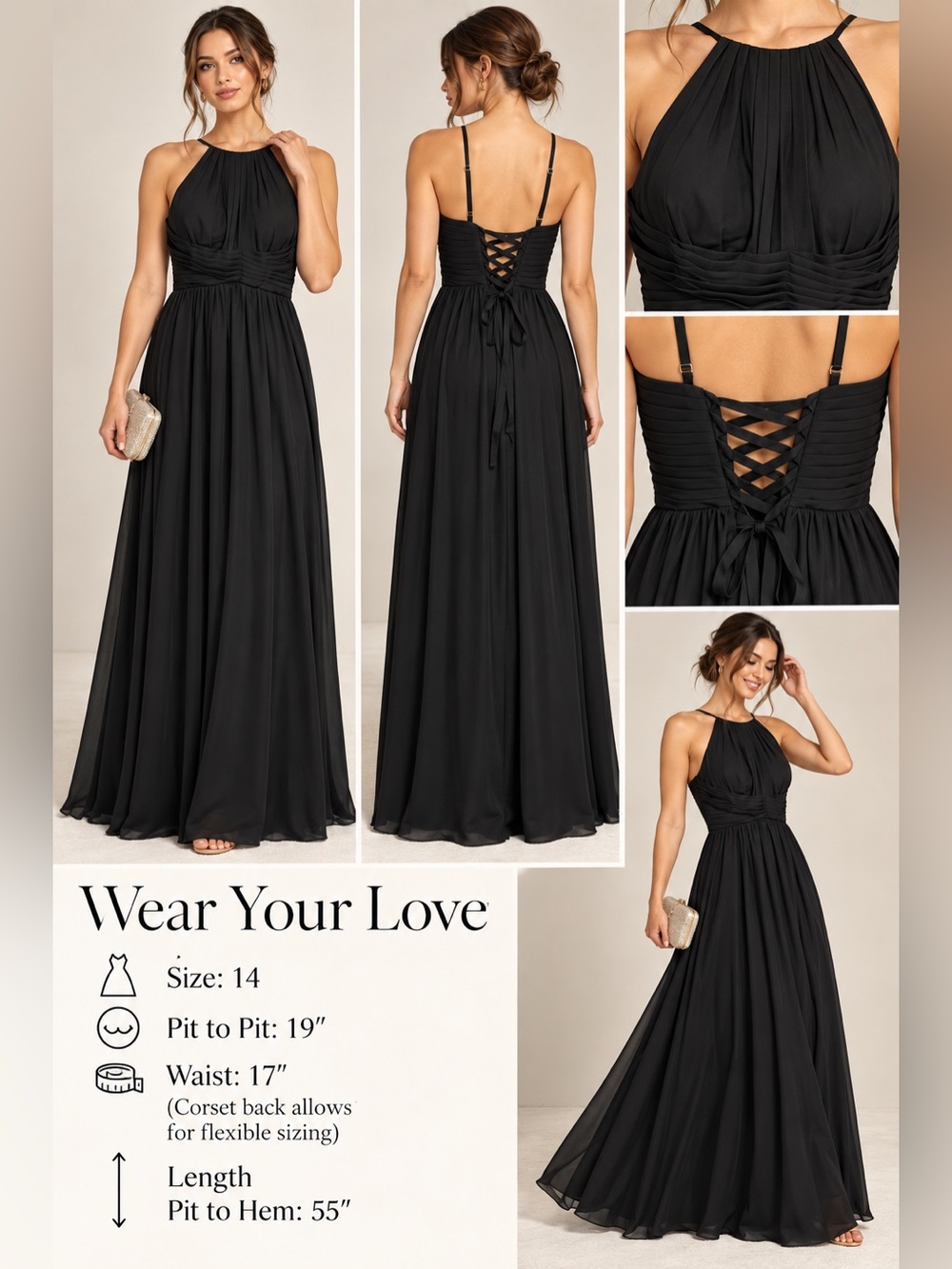 Wear Your Love Black Chiffon Corset Back Formal Gown Dress Size 14 NWT
